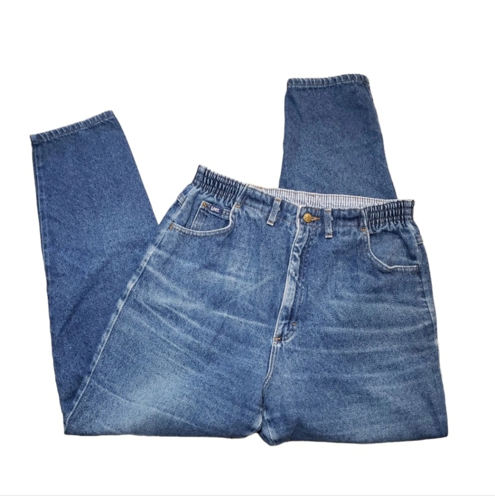 VTG 9Os Lee High Rise Tapered MOM Jeans 14 M 31" Blue Denim Elastic Waist USA